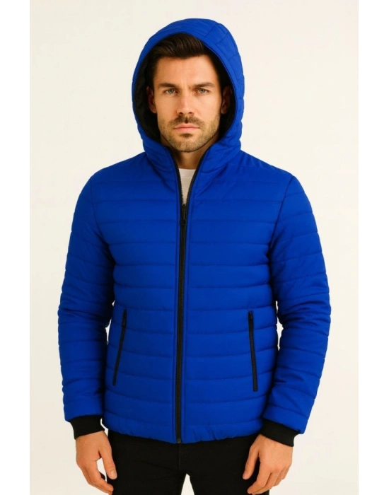 Erkek Şişme Kapüşonlu Fermuarlı ont u Itici Kapitone Astarlı Kumaş Cepli Kışlık Rahat Kalıp  aks avisi