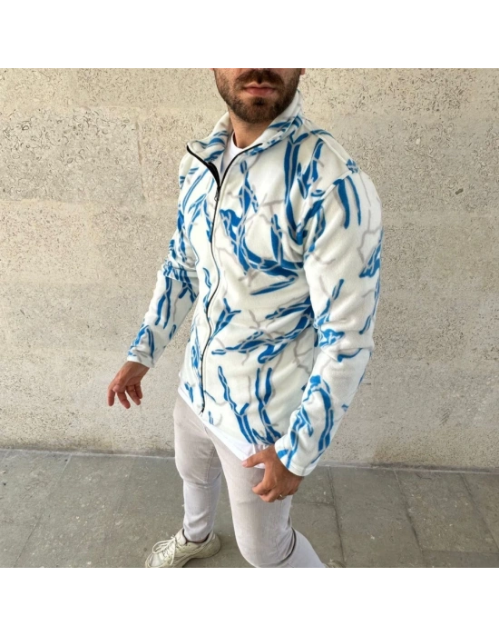 Erkek Tam Fermuarlı Desenli Polar weatightning Desen Yakalı, Uzun Kollu, Oversize Rahat Kalıp  Beyaz