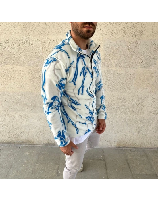 Erkek Tam Fermuarlı Desenli Polar weatightning Desen Yakalı, Uzun Kollu, Oversize Rahat Kalıp  Beyaz