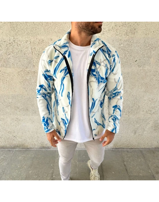 Erkek Tam Fermuarlı Desenli Polar weatightning Desen Yakalı, Uzun Kollu, Oversize Rahat Kalıp  Beyaz