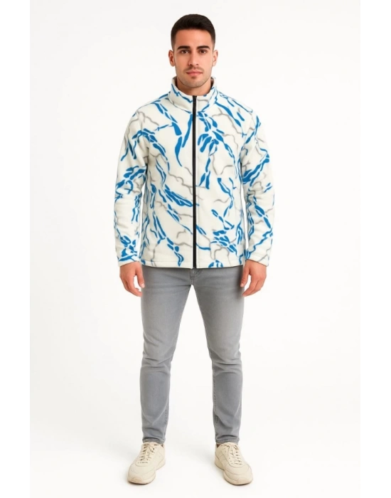 Erkek Tam Fermuarlı Desenli Polar weatightning Desen Yakalı, Uzun Kollu, Oversize Rahat Kalıp  Beyaz