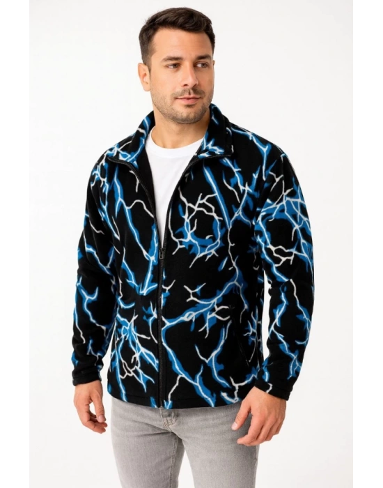 Erkek Tam Fermuarlı Desenli Polar weat ightning Desen Yakalı, Uzun Kollu, Oversize Rahat Kalıp  iyah