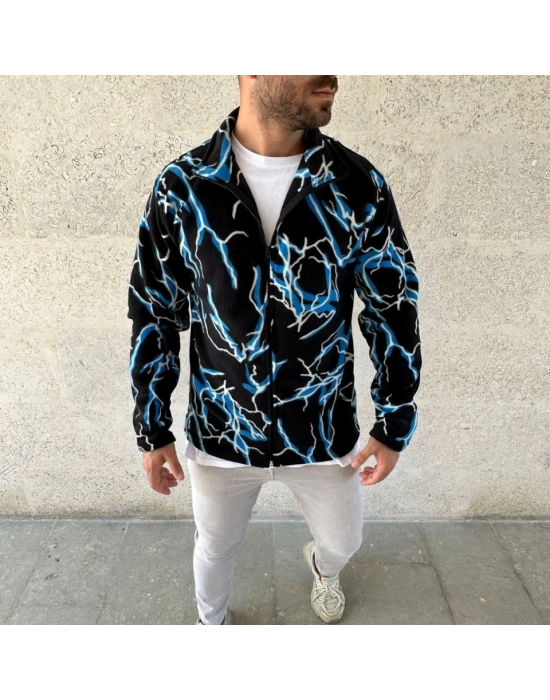 Erkek Tam Fermuarlı Desenli Polar weat ightning Desen Yakalı, Uzun Kollu, Oversize Rahat Kalıp  iyah