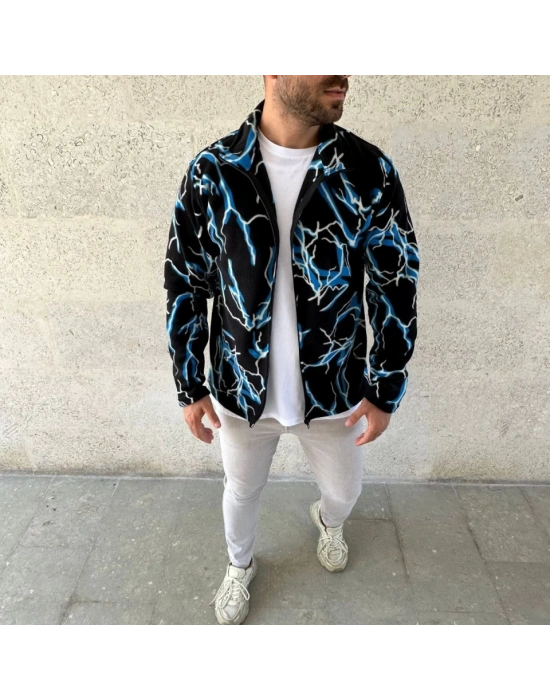 Erkek Tam Fermuarlı Desenli Polar weat ightning Desen Yakalı, Uzun Kollu, Oversize Rahat Kalıp  iyah