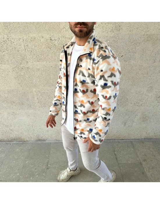 Erkek Tam Fermuarlı Desenli Polar weat – iyah ulticolor Figür Desen Yakalı, Uzun Kollu, Oversize Rahat Kalıp Beyaz