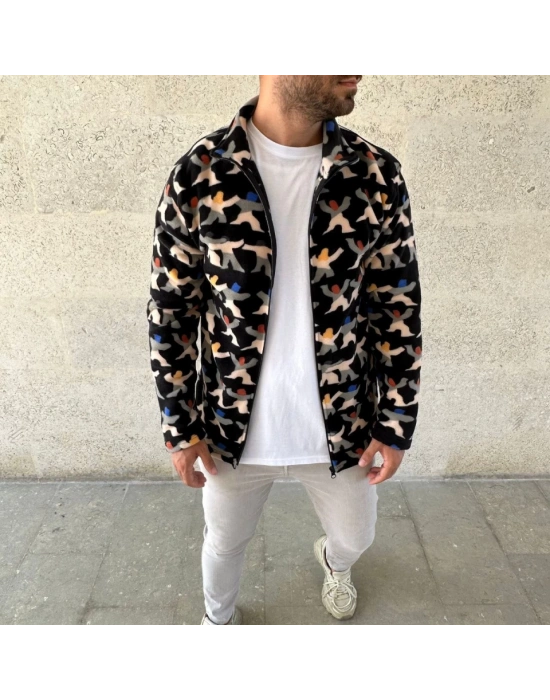 Erkek Tam Fermuarlı Desenli Polar weat – iyah ulticolor Figür Desen Yakalı, Uzun Kollu, Oversize Rahat Kalıp iyah