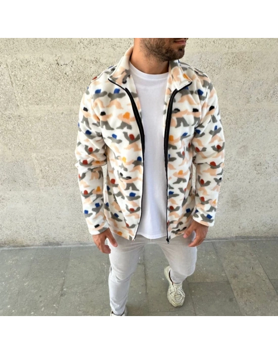Erkek Tam Fermuarlı Desenli Polar weat – iyah ulticolor Figür Desen Yakalı, Uzun Kollu, Oversize Rahat Kalıp Beyaz