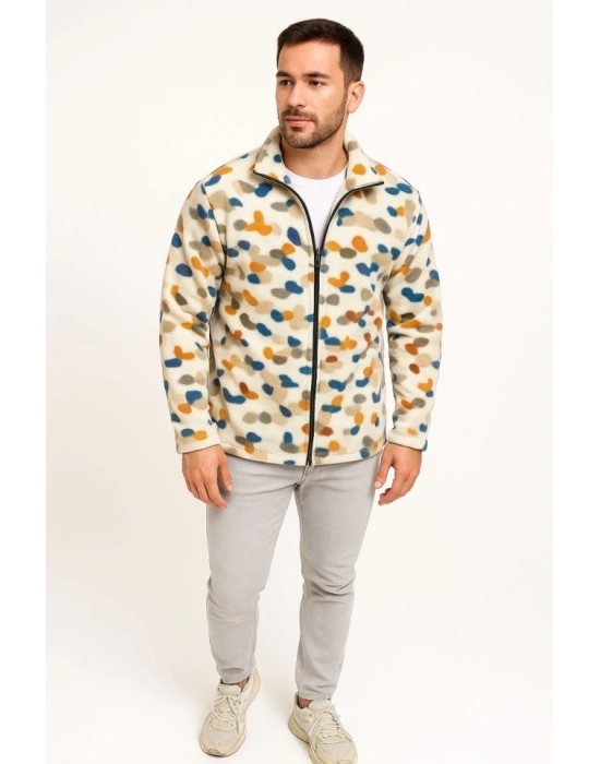 Erkek Tam Fermuarlı Desenli Polar weat – iyah ulticolor Figür Desen Yakalı, Uzun Kollu, Oversize Rahat Kalıp Beyaz