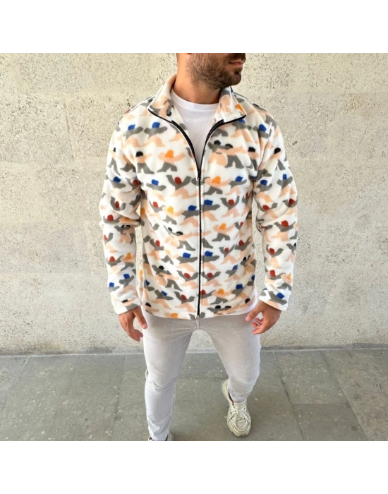 Erkek Tam Fermuarlı Desenli Polar weat – iyah ulticolor Figür Desen Yakalı, Uzun Kollu, Oversize Rahat Kalıp Beyaz