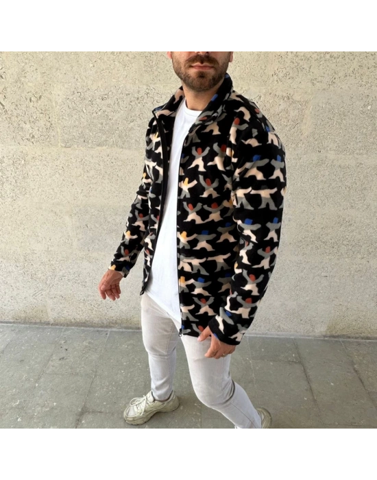 Erkek Tam Fermuarlı Desenli Polar weat – iyah ulticolor Figür Desen Yakalı, Uzun Kollu, Oversize Rahat Kalıp iyah