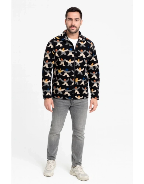 Erkek Tam Fermuarlı Desenli Polar weat – iyah ulticolor Figür Desen Yakalı, Uzun Kollu, Oversize Rahat Kalıp iyah