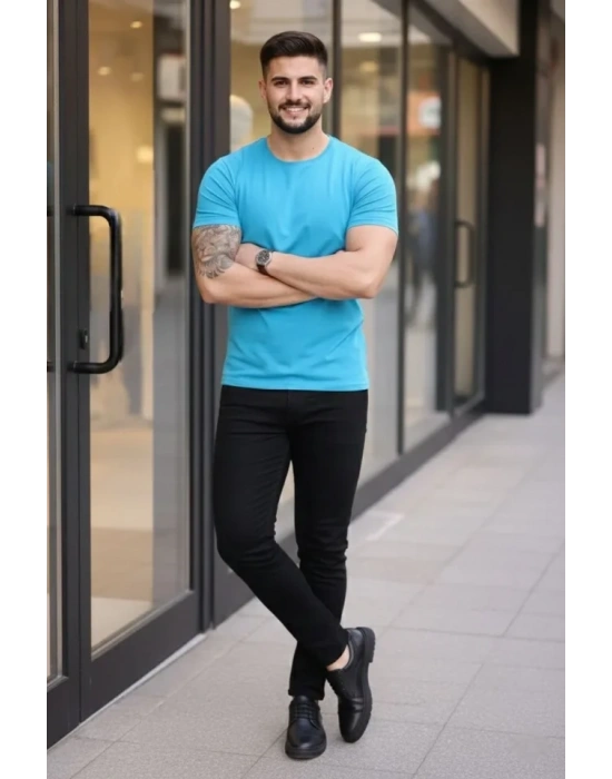 Erkek Thirt Bisiklet Yaka lim Fit Dar Kesim ikralı Tişört Günlük Basic Body  Açık avi