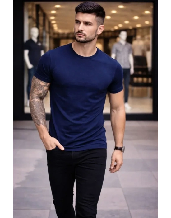 Erkek Thirt Bisiklet Yaka lim Fit Dar Kesim ikralı Tişört Günlük Basic Body  acivert