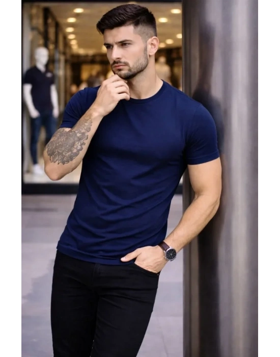 Erkek Thirt Bisiklet Yaka lim Fit Dar Kesim ikralı Tişört Günlük Basic Body  acivert