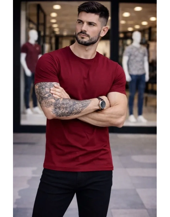 Erkek Thirt Bisiklet Yaka lim Fit Dar Kesim ikralı Tişört Günlük Basic Body  Bordo