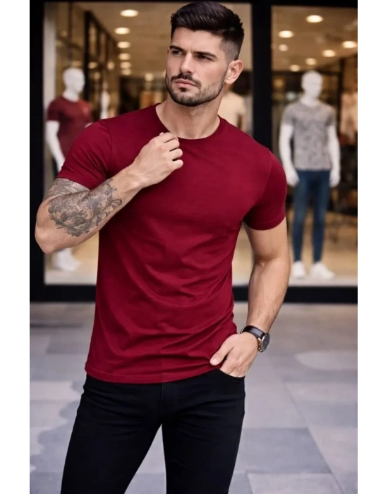 Erkek Thirt Bisiklet Yaka lim Fit Dar Kesim ikralı Tişört Günlük Basic Body  Bordo