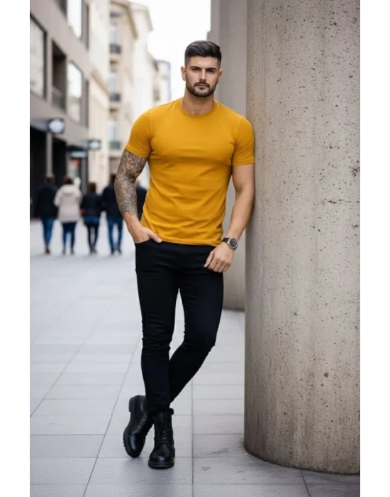 Erkek Thirt Bisiklet Yaka lim Fit Dar Kesim ikralı Tişört Günlük Basic Body  imon