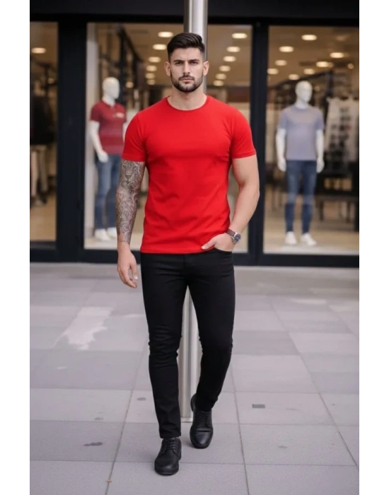 Erkek Thirt Bisiklet Yaka lim Fit Dar Kesim ikralı Tişört Günlük Basic Body  Kırmızı