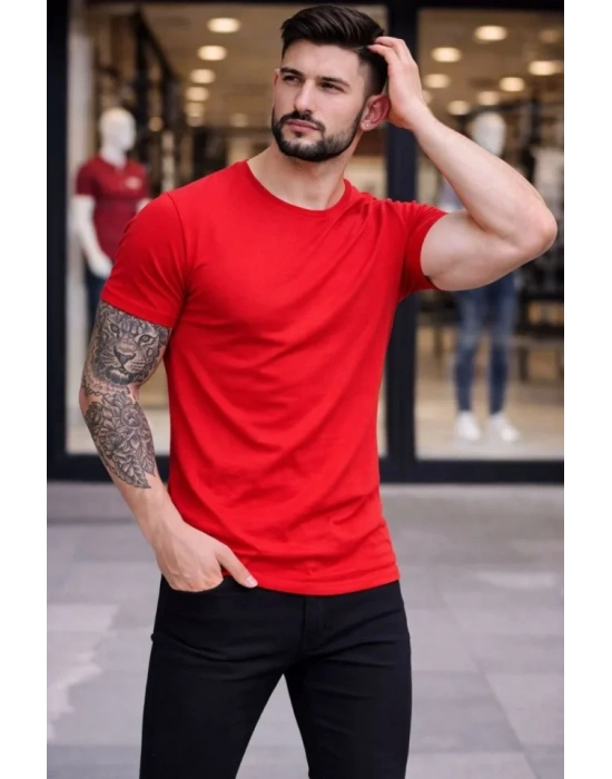 Erkek Thirt Bisiklet Yaka lim Fit Dar Kesim ikralı Tişört Günlük Basic Body  Kırmızı