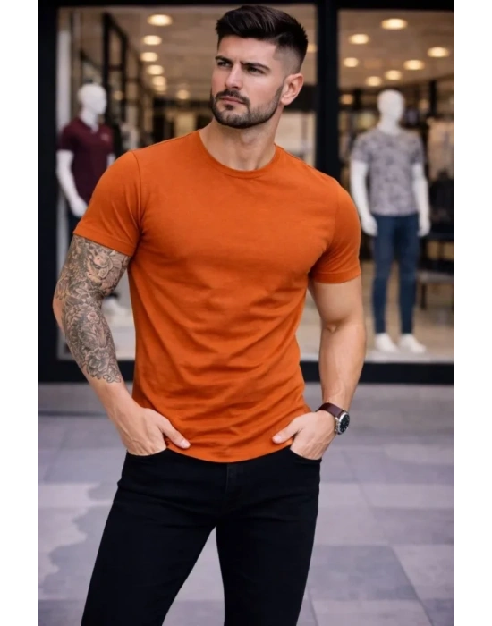 Erkek Thirt Bisiklet Yaka lim Fit Dar Kesim ikralı Tişört Günlük Basic Body  Koyu Turuncu