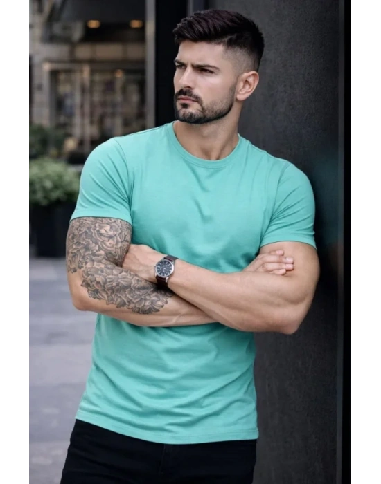 Erkek Thirt Bisiklet Yaka lim Fit Dar Kesim ikralı Tişört Günlük Basic Body  Turkuvaz