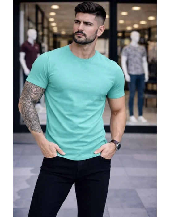 Erkek Thirt Bisiklet Yaka lim Fit Dar Kesim ikralı Tişört Günlük Basic Body  Turkuvaz