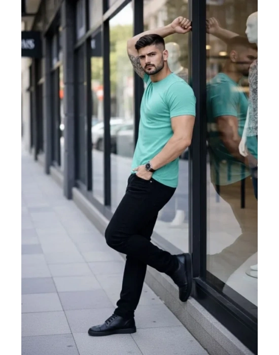 Erkek Thirt Bisiklet Yaka lim Fit Dar Kesim ikralı Tişört Günlük Basic Body  Turkuvaz