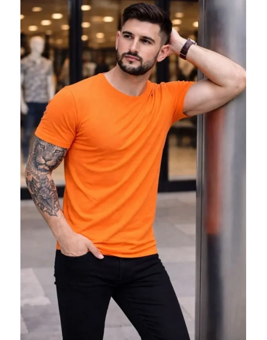 Erkek Thirt Bisiklet Yaka lim Fit Dar Kesim ikralı Tişört Günlük Basic Body  Turuncu