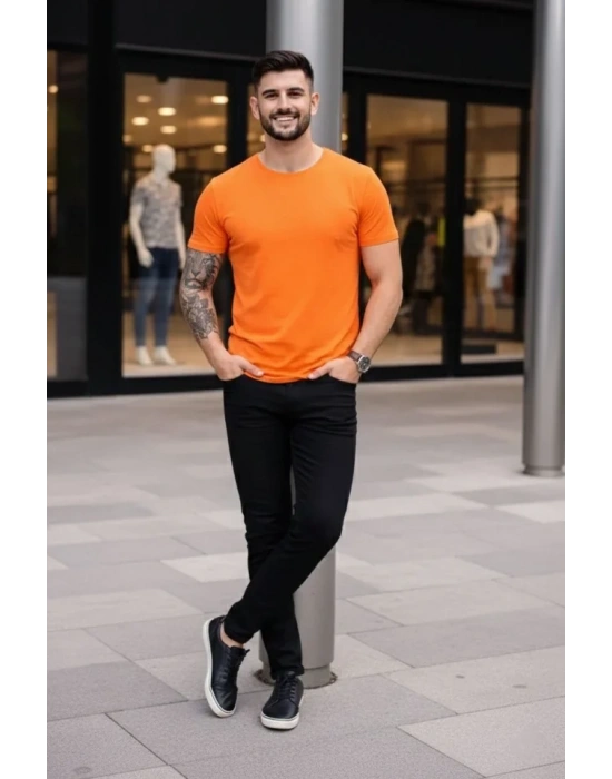 Erkek Thirt Bisiklet Yaka lim Fit Dar Kesim ikralı Tişört Günlük Basic Body  Turuncu
