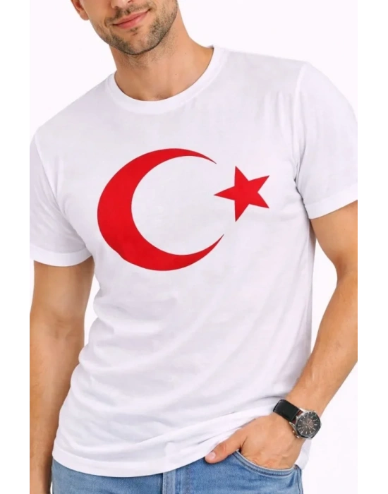 Erkek Thirt Kısa Kol Bisiklet Yaka Ay Yıldız Bayrak Baskılı Tişört  Beyaz