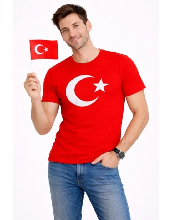 Erkek Thirt Kısa Kol Bisiklet Yaka Ay Yıldız Bayrak Baskılı Tişört  Kırmızı
