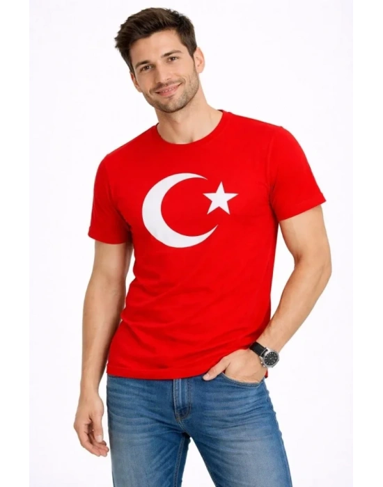Erkek Thirt Kısa Kol Bisiklet Yaka Ay Yıldız Bayrak Baskılı Tişört  Kırmızı