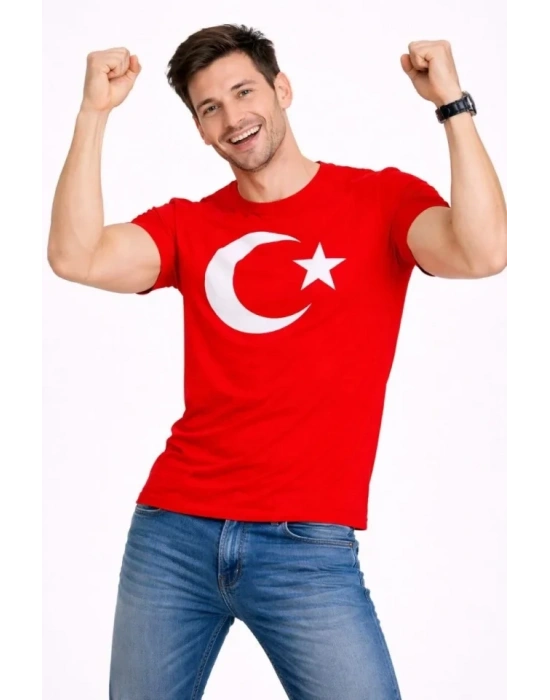 Erkek Thirt Kısa Kol Bisiklet Yaka Ay Yıldız Bayrak Baskılı Tişört  Kırmızı