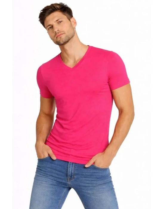 Erkek Thirt V Yaka lim Fit Dar Kesim ikralı Tişört Günlük Basic Body  Pembe