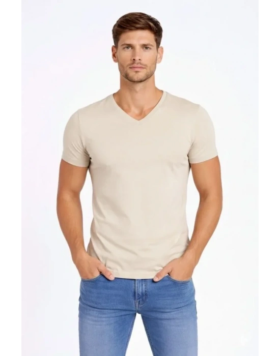 Erkek Thirt V Yaka lim Fit Dar Kesim ikralı Tişört Günlük Basic Body  Taş