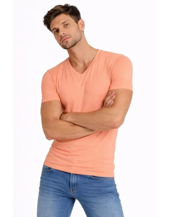 Erkek Thirt V Yaka lim Fit Dar Kesim ikralı Tişört Günlük Basic Body  Toz Pembe