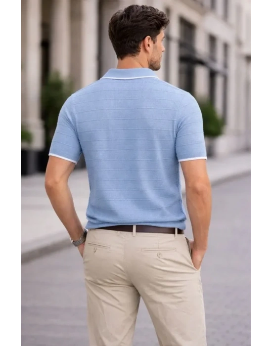 Erkek Triko Kumaş Yakalı Düğmesiz Açık Yaka Fitilli Kısa Kollu Regular Fit Tişört Tshirt  Bebek avisi