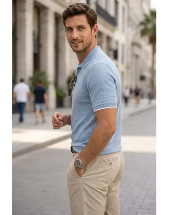 Erkek Triko Kumaş Yakalı Düğmesiz Açık Yaka Fitilli Kısa Kollu Regular Fit Tişört Tshirt  Bebek avisi