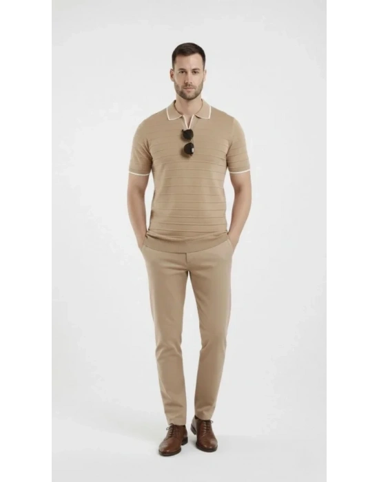 Erkek Triko Kumaş Yakalı Düğmesiz Açık Yaka Fitilli Kısa Kollu Regular Fit Tişört Tshirt  Bej