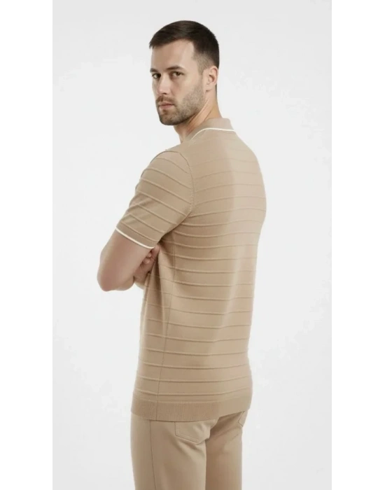 Erkek Triko Kumaş Yakalı Düğmesiz Açık Yaka Fitilli Kısa Kollu Regular Fit Tişört Tshirt  Bej