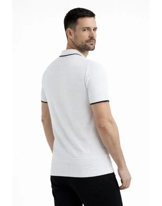 Erkek Triko Kumaş Yakalı Düğmesiz Açık Yaka Fitilli Kısa Kollu Regular Fit Tişört Tshirt  Beyaz