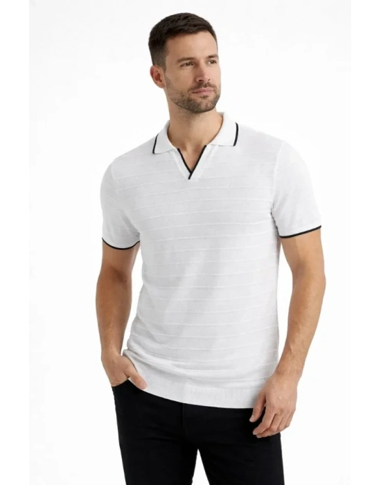 Erkek Triko Kumaş Yakalı Düğmesiz Açık Yaka Fitilli Kısa Kollu Regular Fit Tişört Tshirt  Beyaz