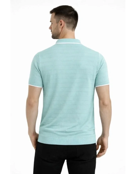 Erkek Triko Kumaş Yakalı Düğmesiz Açık Yaka Fitilli Kısa Kollu Regular Fit Tişört Tshirt  int Yeşili