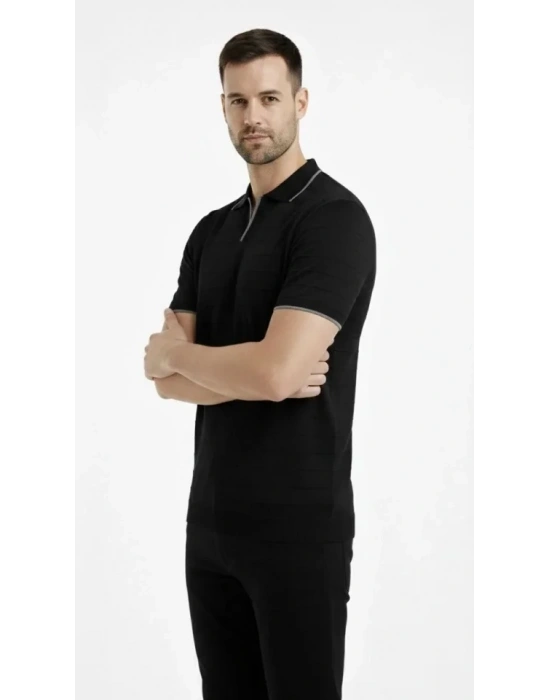 Erkek Triko Kumaş Yakalı Düğmesiz Açık Yaka Fitilli Kısa Kollu Regular Fit Tişört Tshirt  iyah