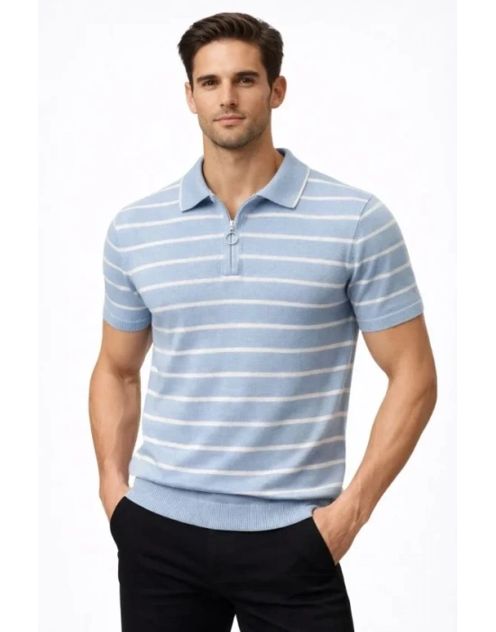 Erkek Triko Polo Yaka Fermuarlı Çizgili Tişört Thirt Yazlık Şık  Bebek avisi