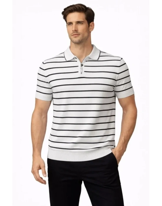 Erkek Triko Polo Yaka Fermuarlı Çizgili Tişört Thirt Yazlık Şık  Beyaz