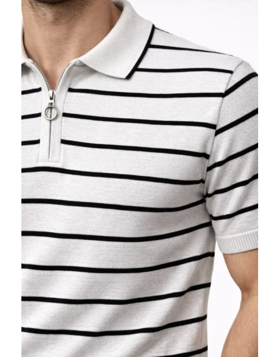 Erkek Triko Polo Yaka Fermuarlı Çizgili Tişört Thirt Yazlık Şık  Beyaz