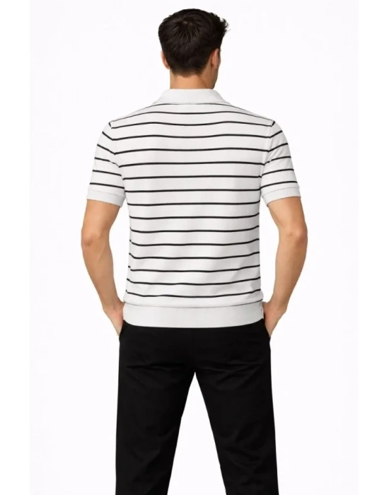 Erkek Triko Polo Yaka Fermuarlı Çizgili Tişört Thirt Yazlık Şık  Beyaz