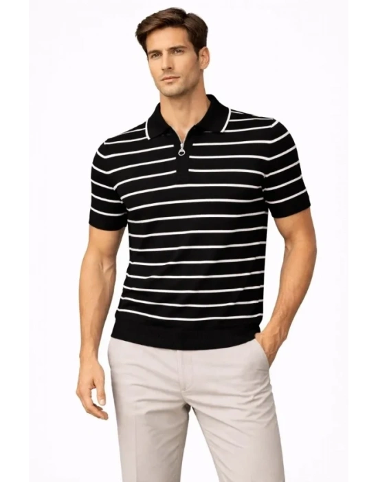 Erkek Triko Polo Yaka Fermuarlı Çizgili Tişört Thirt Yazlık Şık  iyah
