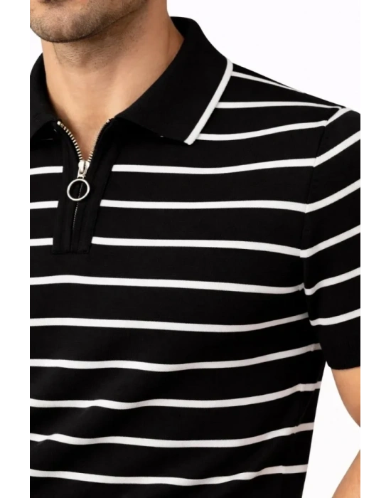 Erkek Triko Polo Yaka Fermuarlı Çizgili Tişört Thirt Yazlık Şık  iyah